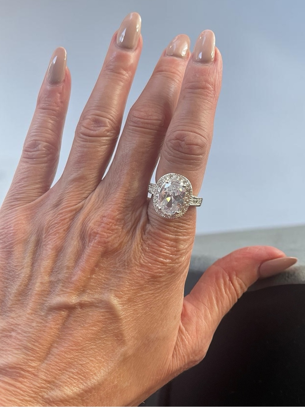 Large Halo Solitaire Statement Ring Rhodium Finish Size 7.25